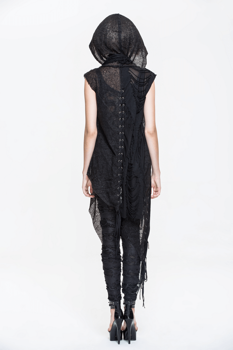 Back view of a gothic hooded lace cape, showcasing asymmetrical cut and stylish lacing details, perfect for a trendy look.