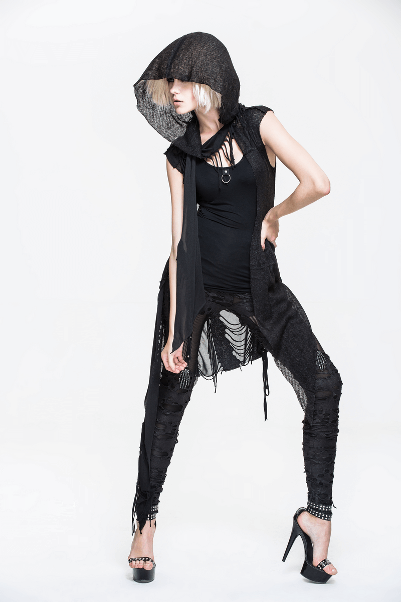 Gothic hooded lace cape featuring an asymmetrical cut, perfect for stylish women's costume. Elegant black gothic fashion.