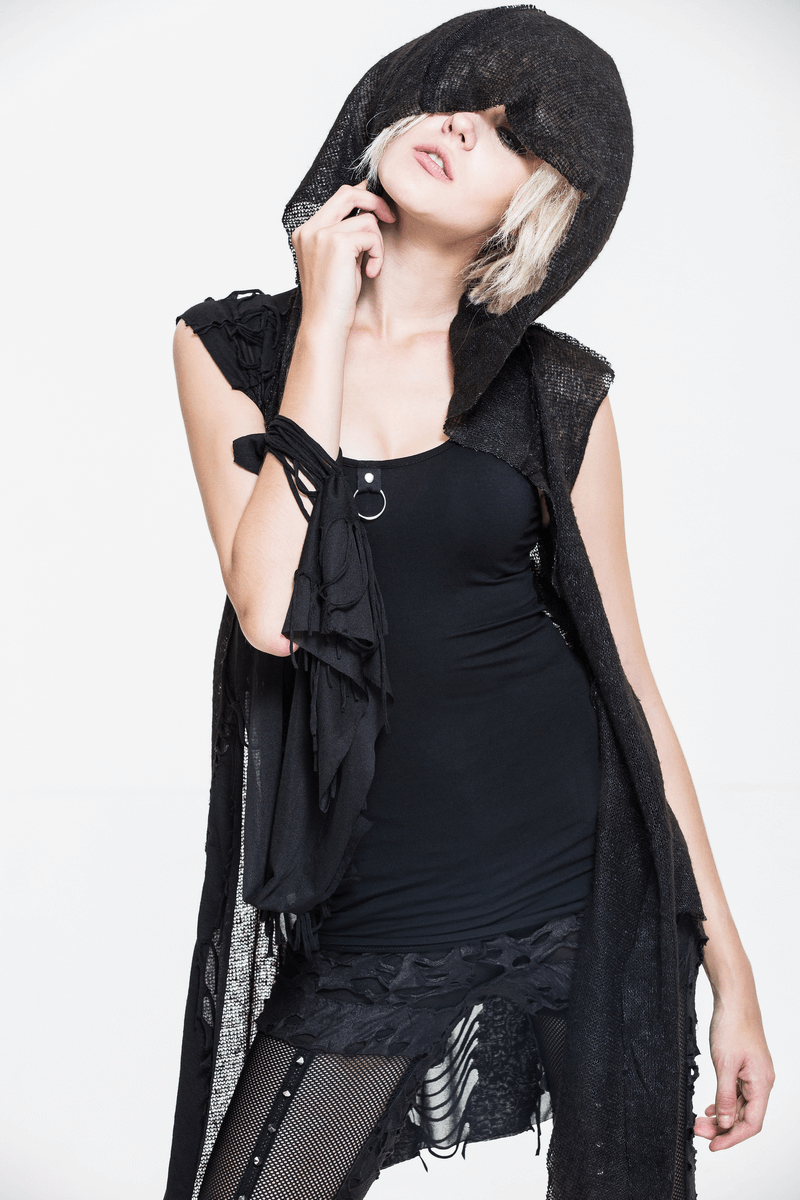 Gothic hooded lace cape worn by a model, featuring a stylish asymmetrical cut and black transparent fabric.