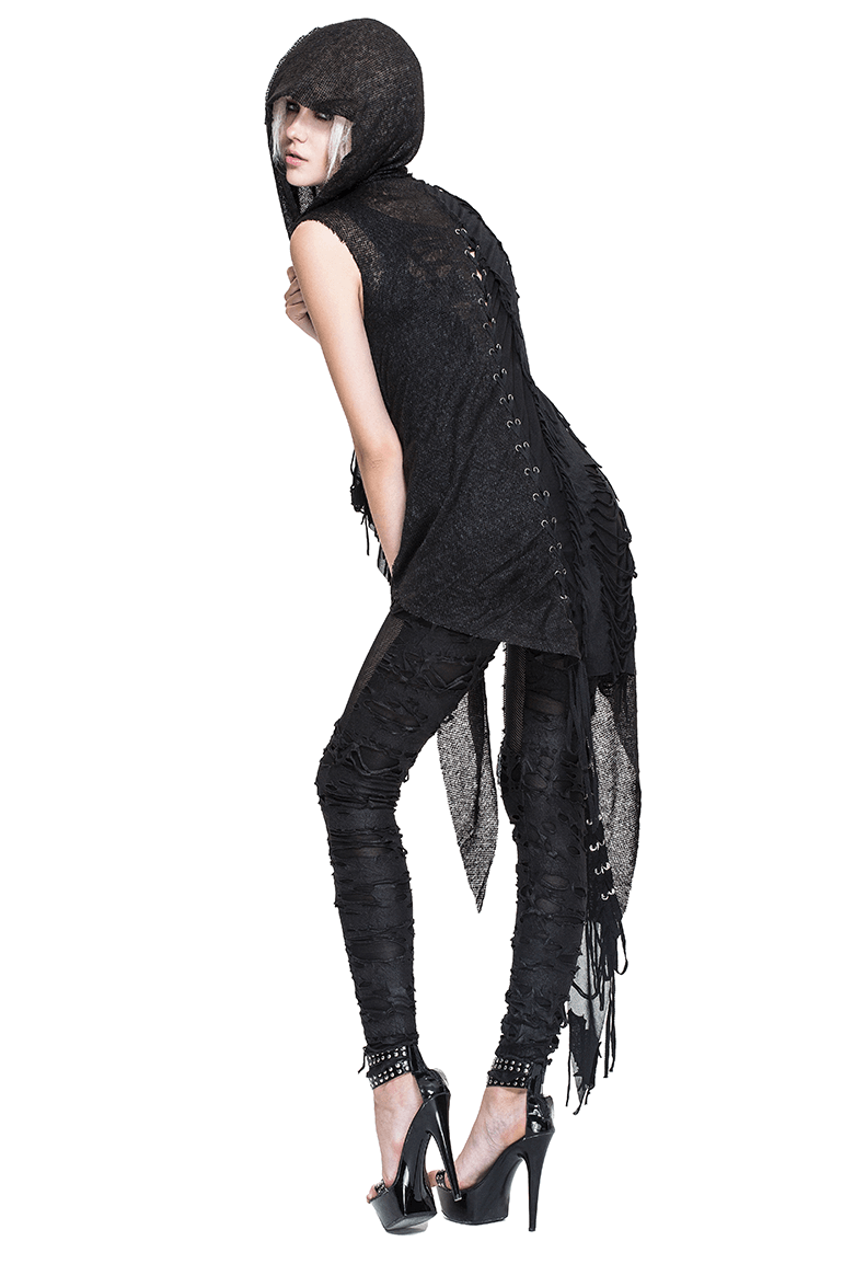 Gothic hooded lace cape with asymmetric cut, showcasing a stylish women's black vest and trendy leggings.