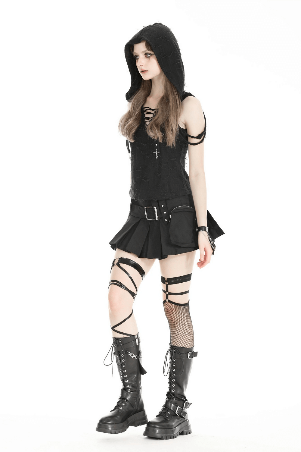Gothic Hooded Top with Cutouts and Lace-Up Front