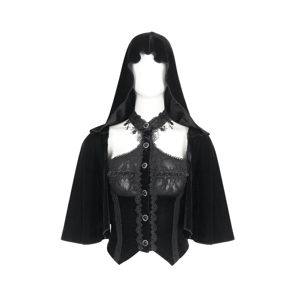 Gothic velvet hooded top with lace trim and cape sleeves for a vintage-inspired, dark elegance look.