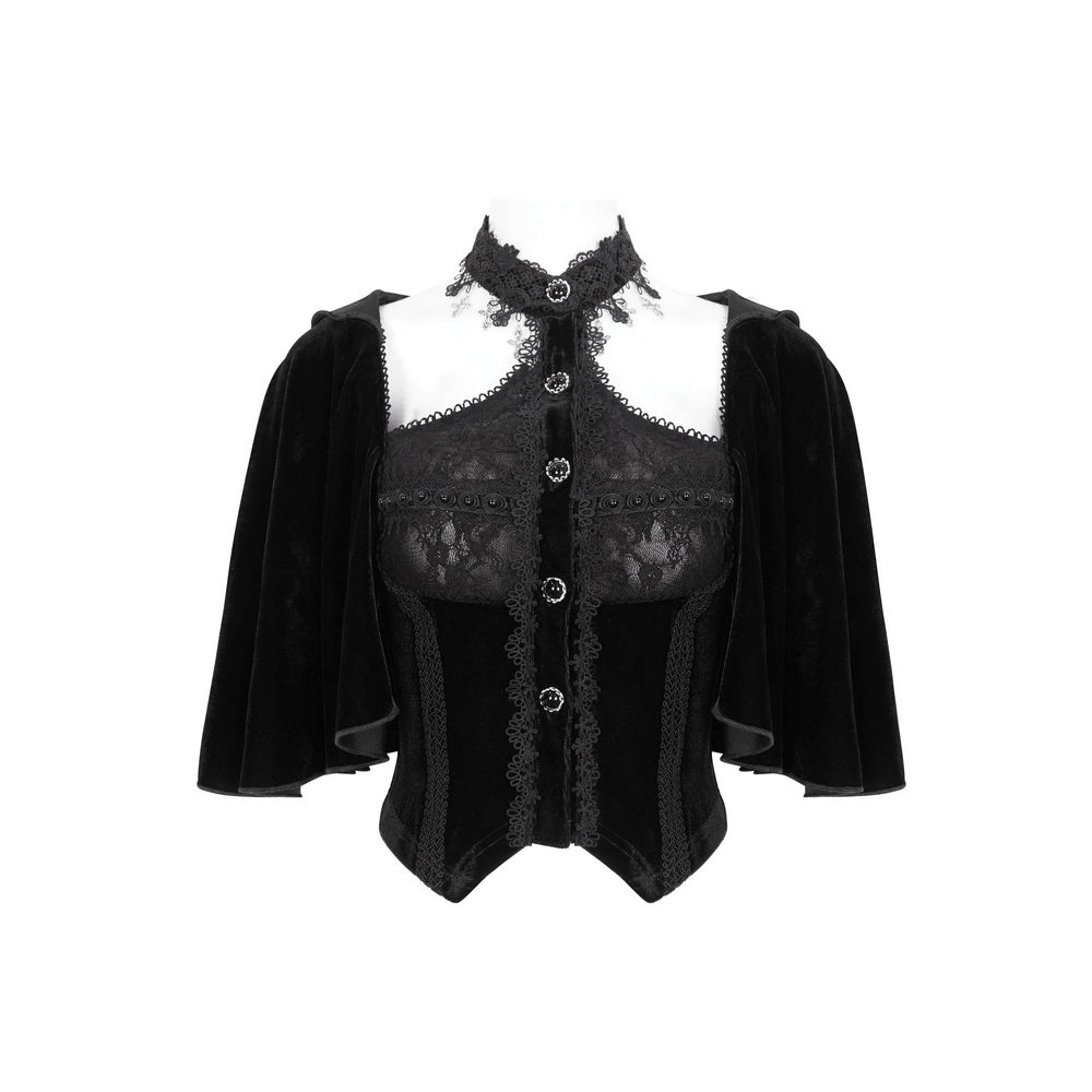 Gothic hooded velvet top with lace trim and cape sleeves, vintage-inspired dark elegance.