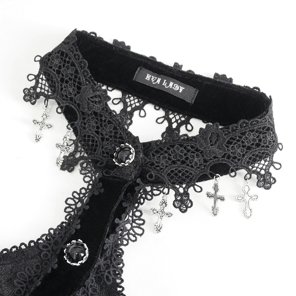 Elegant lace collar with cross charms and velvet details, perfect for gothic fashion lovers.