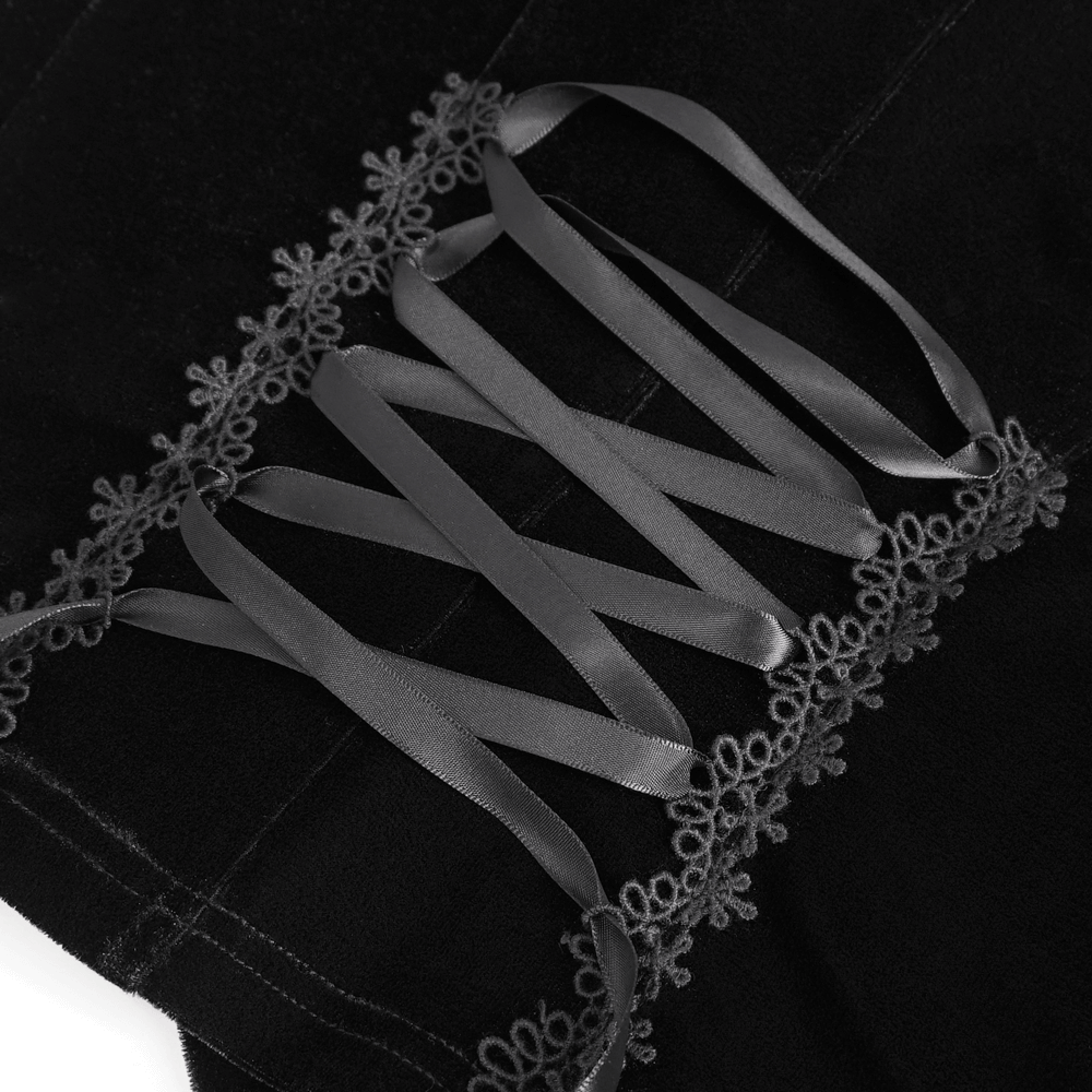 Close-up of the gothic hooded top's lace-up back and elegant lace trim details, showcasing vintage-inspired velvet fabric.