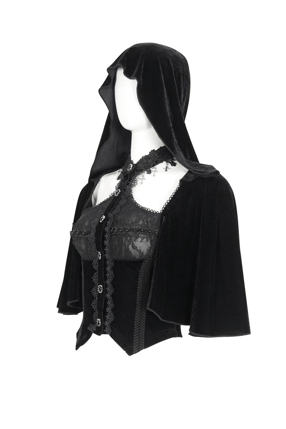 Gothic hooded top with lace-up back and lace trim, crafted from vintage-inspired velvet for dark elegance.