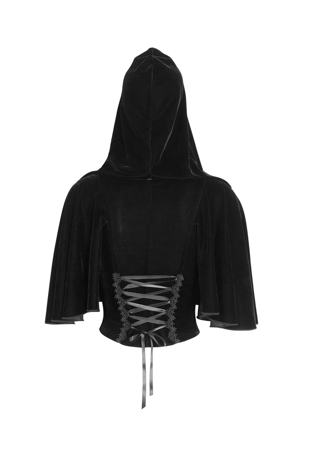 Back view of a Gothic hooded top in velvet with lace-up detail and cape sleeves, perfect for dark fashion enthusiasts.