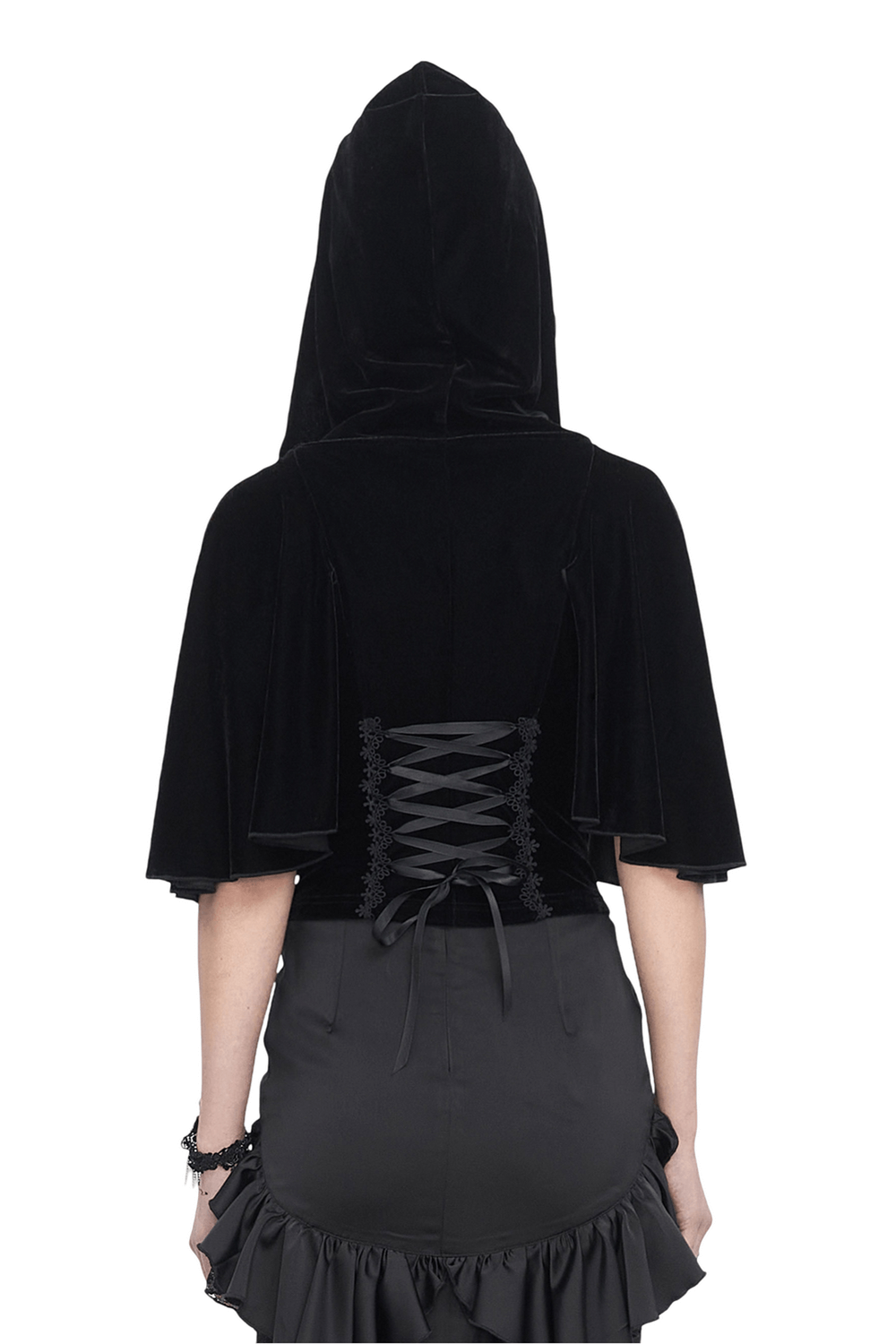 Gothic Hooded Top with Lace-Up Back and Lace Trim