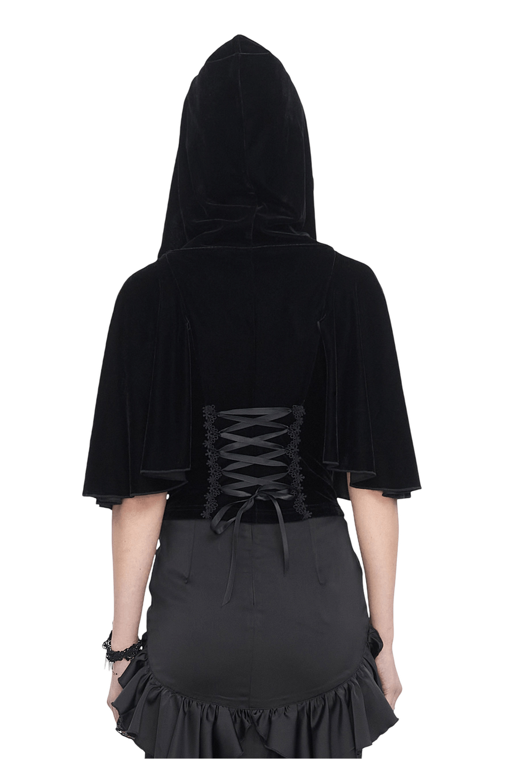 Back view of gothic hooded top with lace-up detailing and cape sleeves in luxurious black velvet.