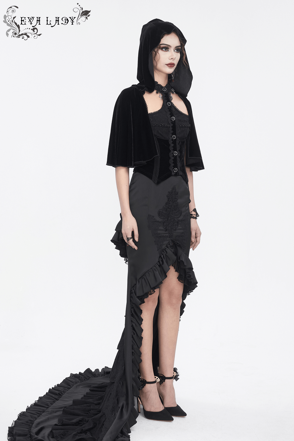 Gothic hooded top with lace-up back, paired with a stylish maxi skirt, embodying dark vintage elegance.