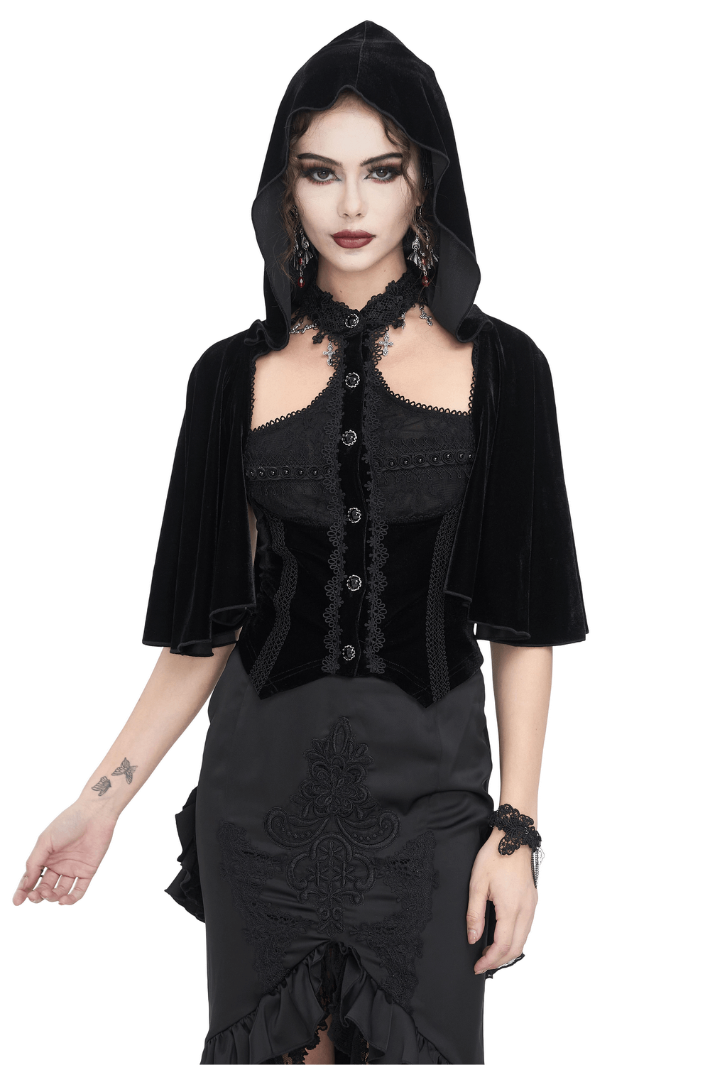 Gothic velvet hooded top with lace trim and cape sleeves, perfect for vintage-inspired dark fashion.