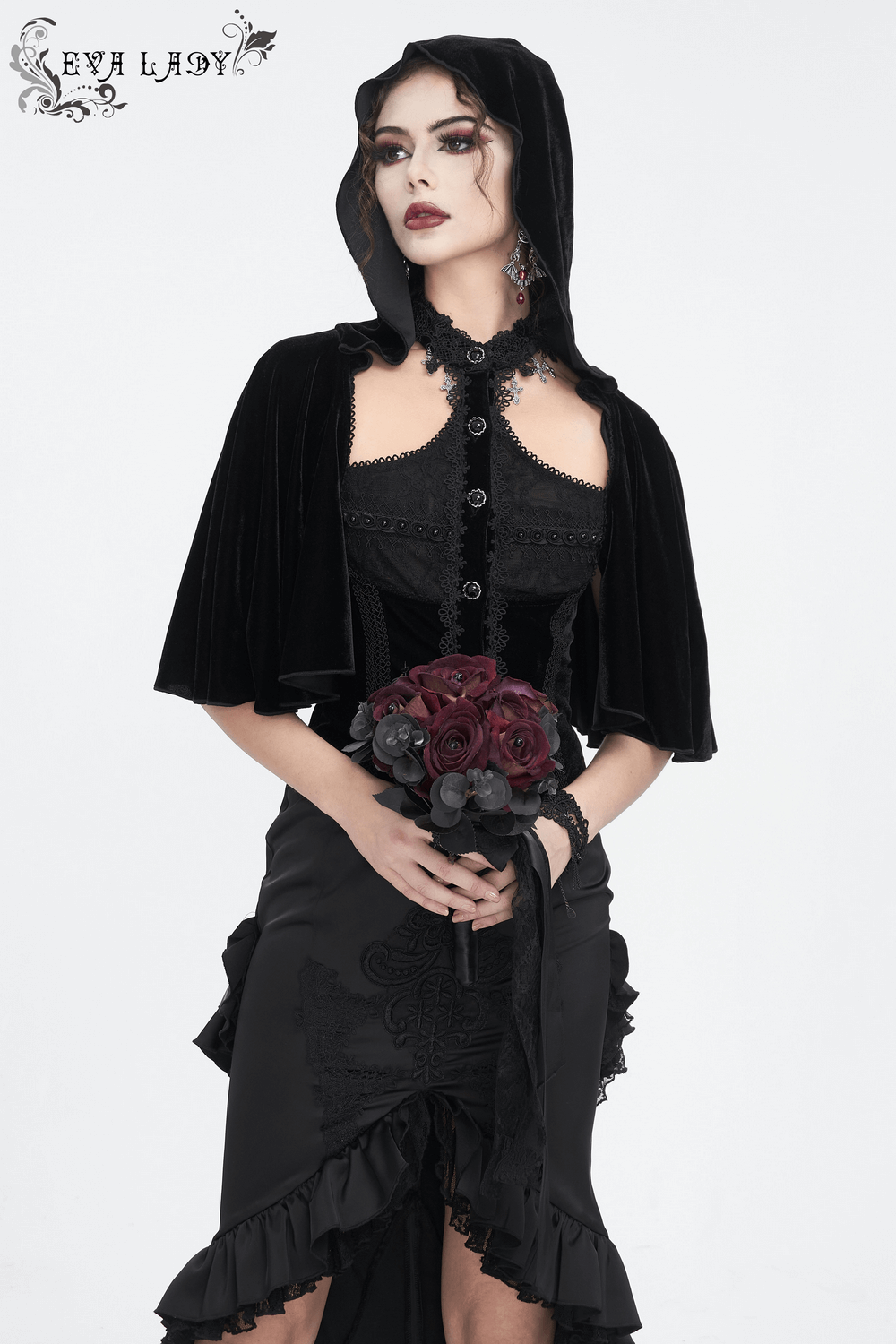 Gothic Hooded Top with Lace-Up Back and Lace Trim