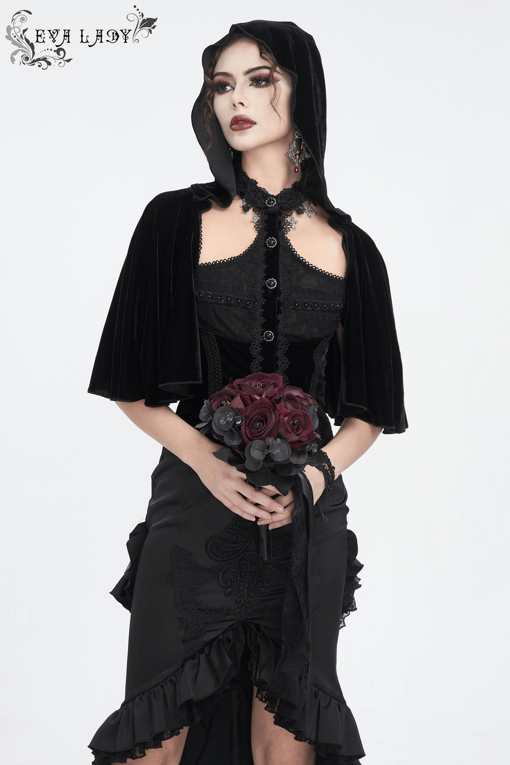 Gothic velvet hooded top with lace trim and cape sleeves, perfect for vintage-inspired dark elegance and fashion.