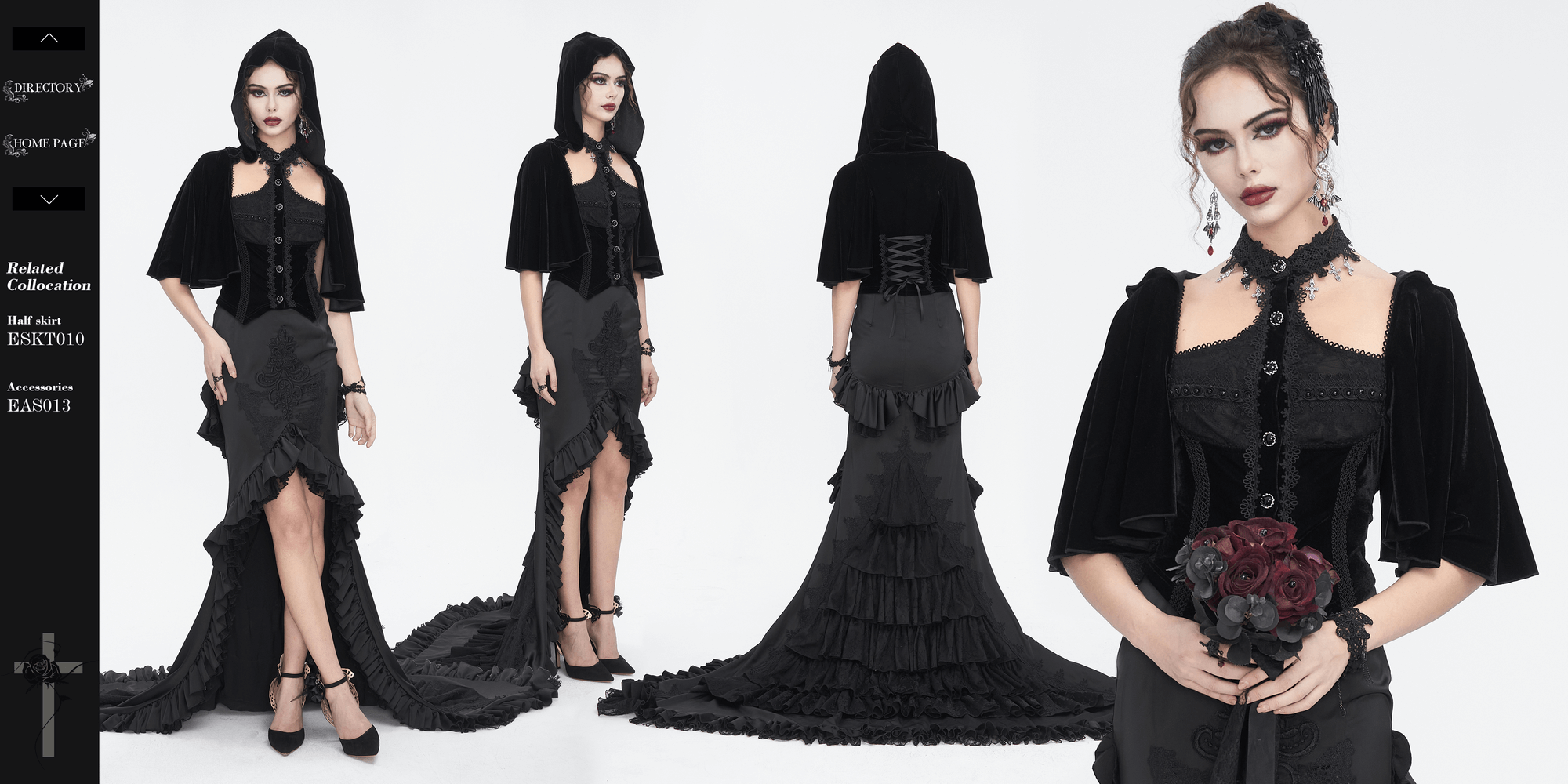 Gothic hooded top in black velvet with lace-up back and elegant lace trim, perfect for dark fashion enthusiasts.