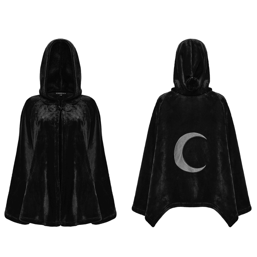 Gothic hooded velvet cape with crescent moon design, perfect for witchy style and alternative fashion lovers.