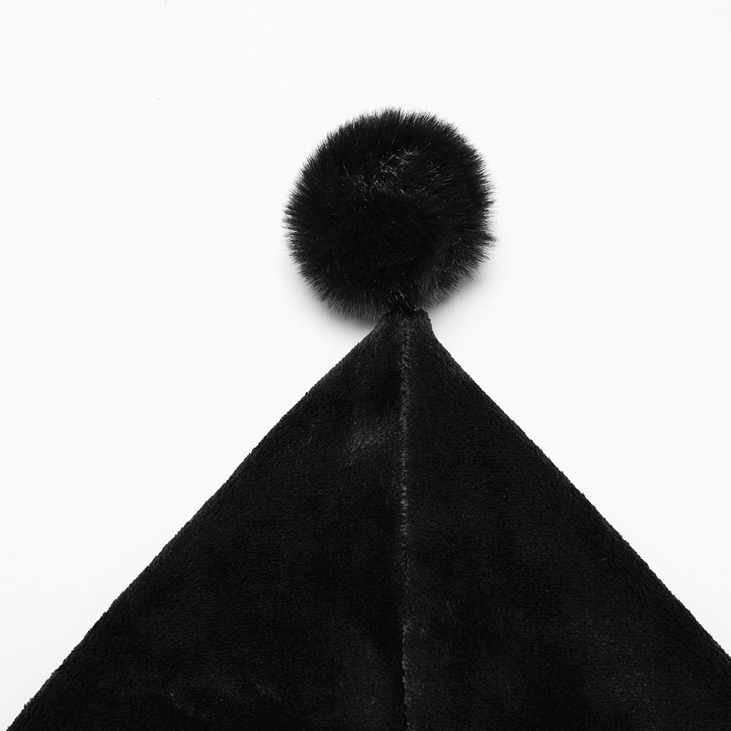 Black velvet hat with a fluffy pom pom on top, perfect for adding a whimsical touch to any gothic outfit.