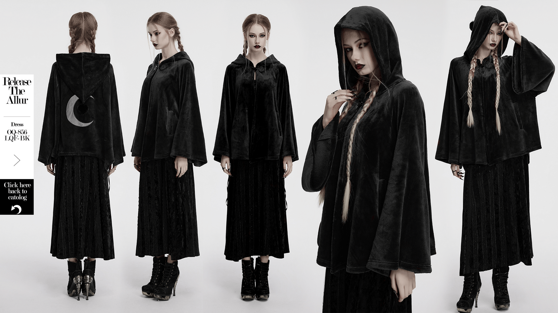 Gothic hooded velvet cape featuring crescent moon design, showcasing dark elegance and witchy vibes.