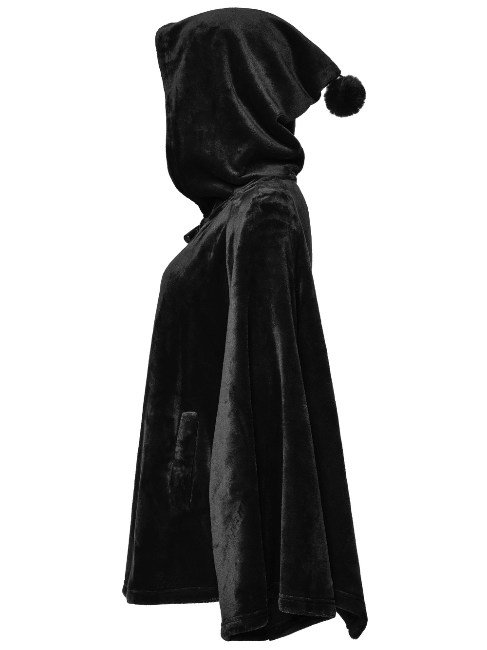 Gothic hooded velvet cape with pom pom, perfect for witchy style and alternative fashion.