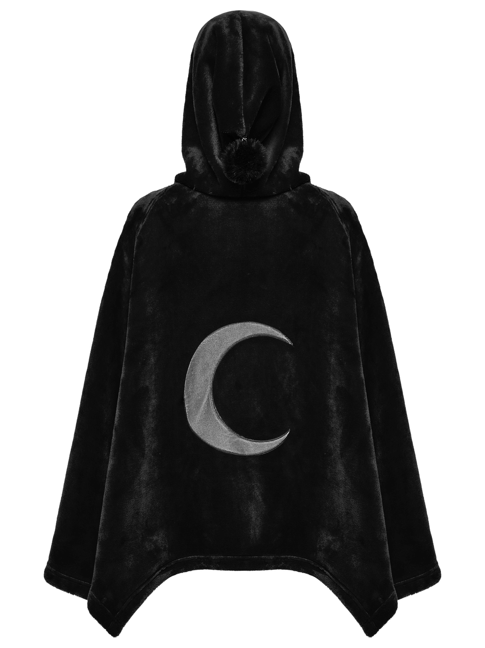 Gothic hooded velvet cape featuring a crescent moon design, perfect for witchy and alternative fashion lovers.