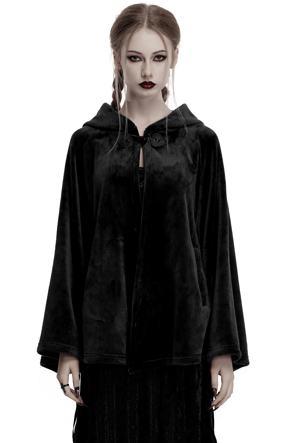 Gothic hooded velvet cape with moon design, perfect for alternative fashion lovers.