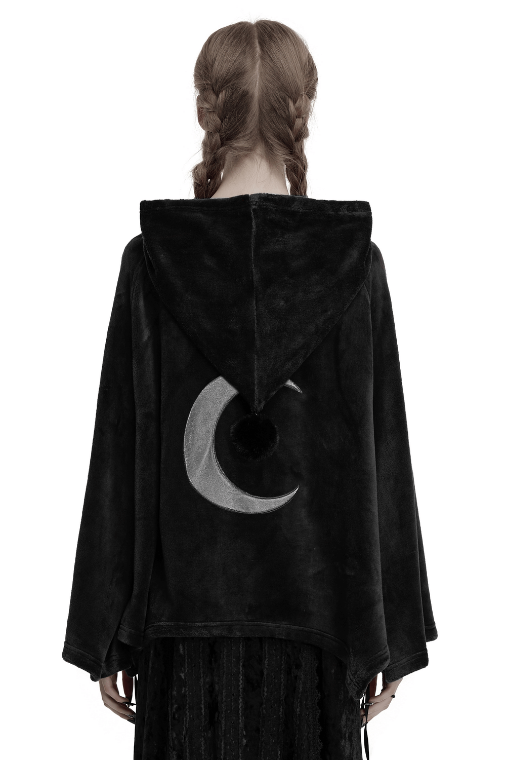 Back view of a gothic hooded velvet cape featuring a crescent moon design, perfect for witchy fashion.