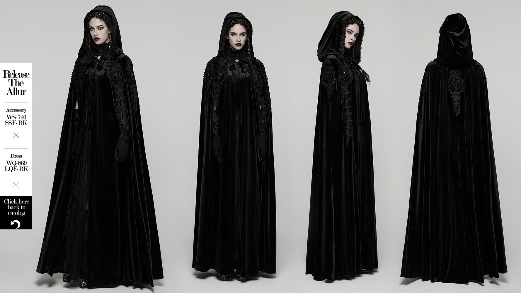 Gothic Hooded Velvet Cloak with Lace and Gem Details worn by model, showcasing its elegant design and rich textures.