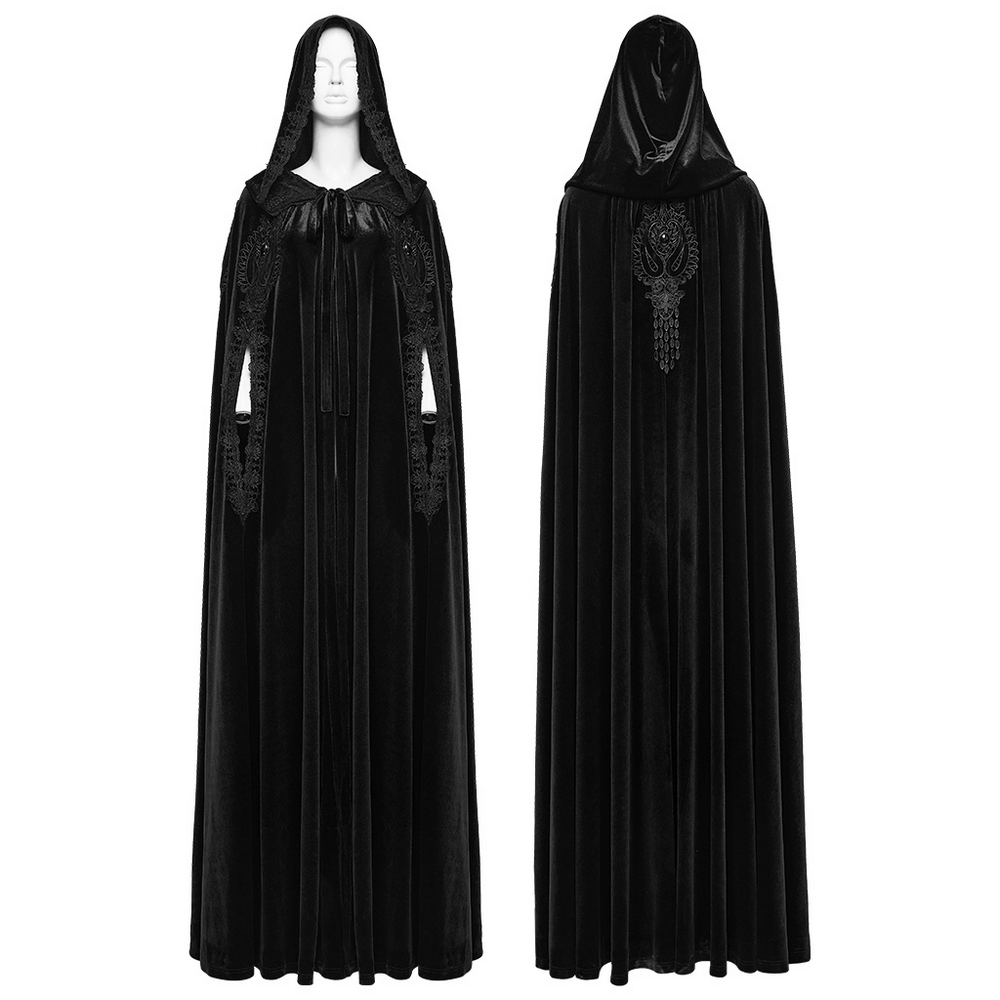Gothic Hooded Velvet Cloak with Lace and Gem Details displayed on a mannequin, showcasing its luxurious black velvet material.