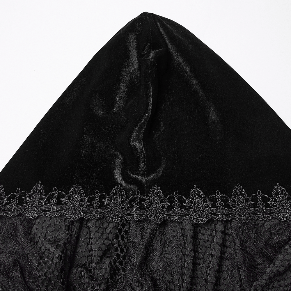 Gothic Hooded Velvet Cloak with Lace and Gem Details showing the hood with lace trim and plush velvet fabric.