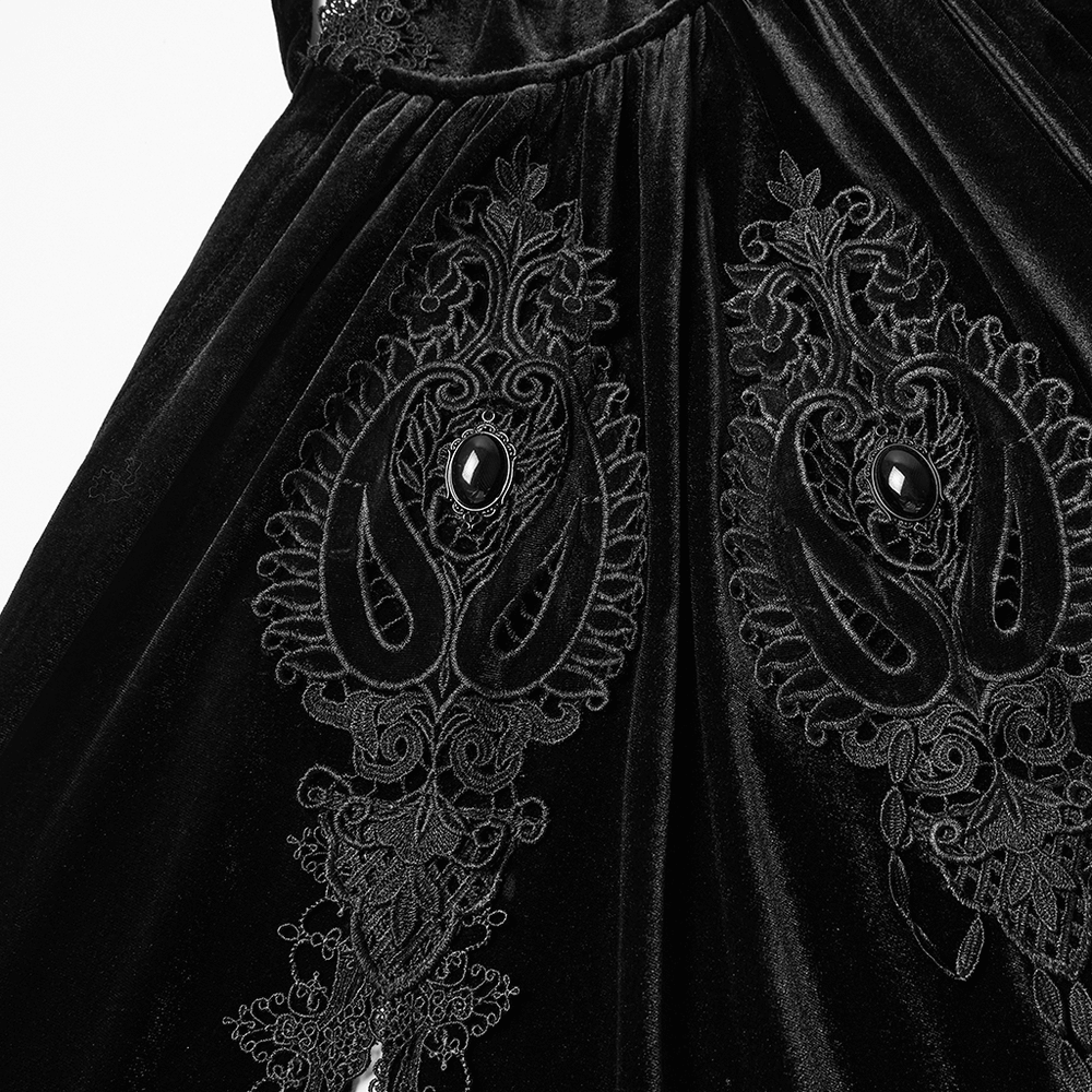 Gothic Hooded Velvet Cloak with Lace and Gem Details featuring intricate black embroidery and gem accents.