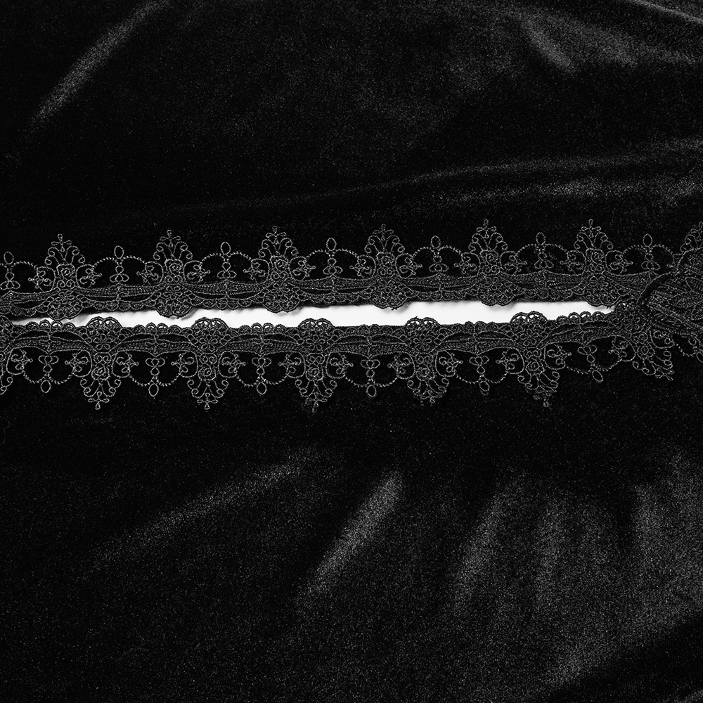 Gothic Hooded Velvet Cloak with Lace and Gem Details featuring exquisite lace trim on luxurious black velvet.