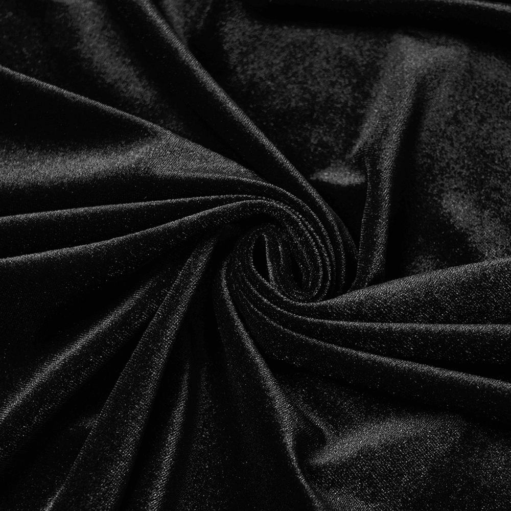 Gothic Hooded Velvet Cloak with Lace and Gem Details luxurious black velvet fabric close-up.
