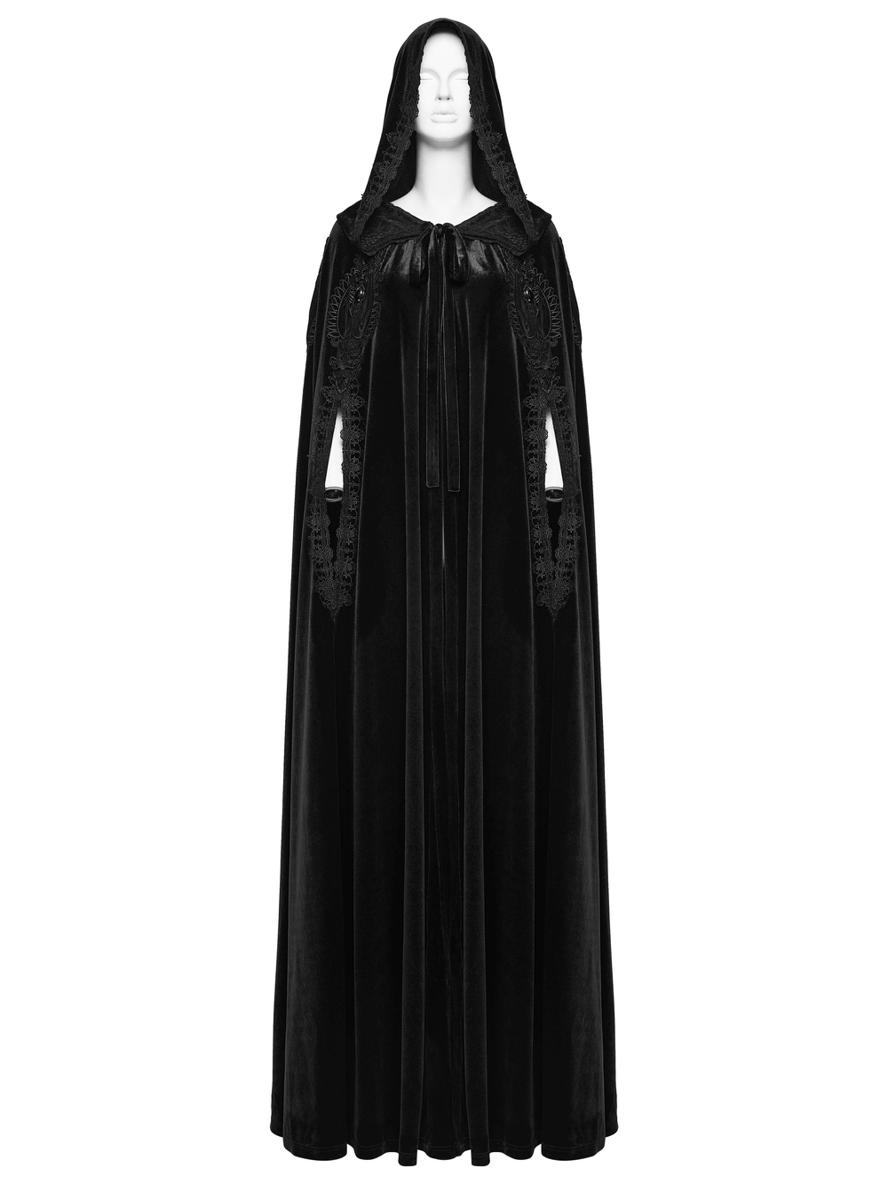 Gothic Hooded Velvet Cloak with Lace and Gem Details, featuring a dramatic hood and luxurious black velvet fabric.