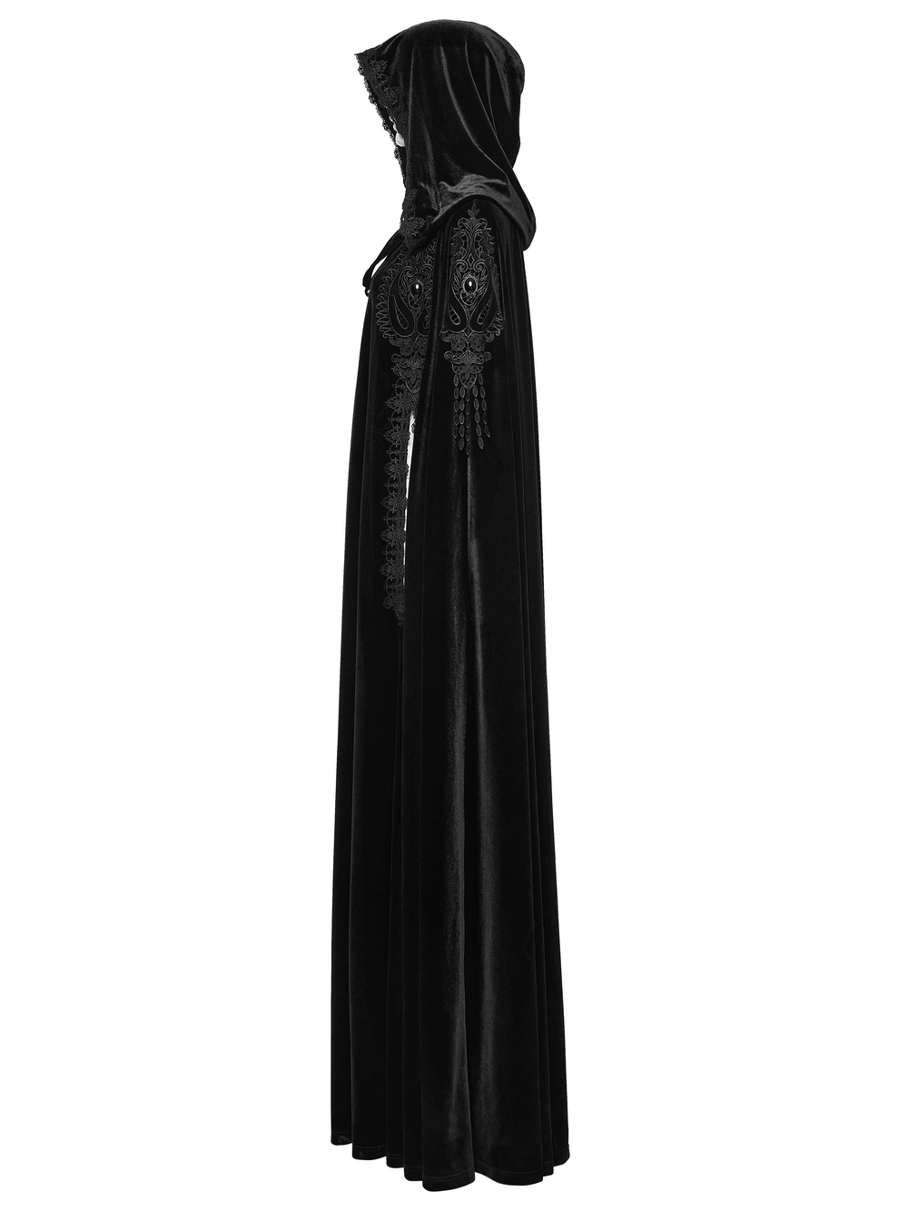 Gothic Hooded Velvet Cloak with Lace and Gem Details showcasing its luxurious velvet fabric and intricate lace accents.