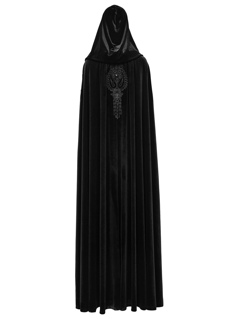 Gothic Hooded Velvet Cloak with Lace and Gem Details featuring a luxurious black velvet design and intricate embroidery.