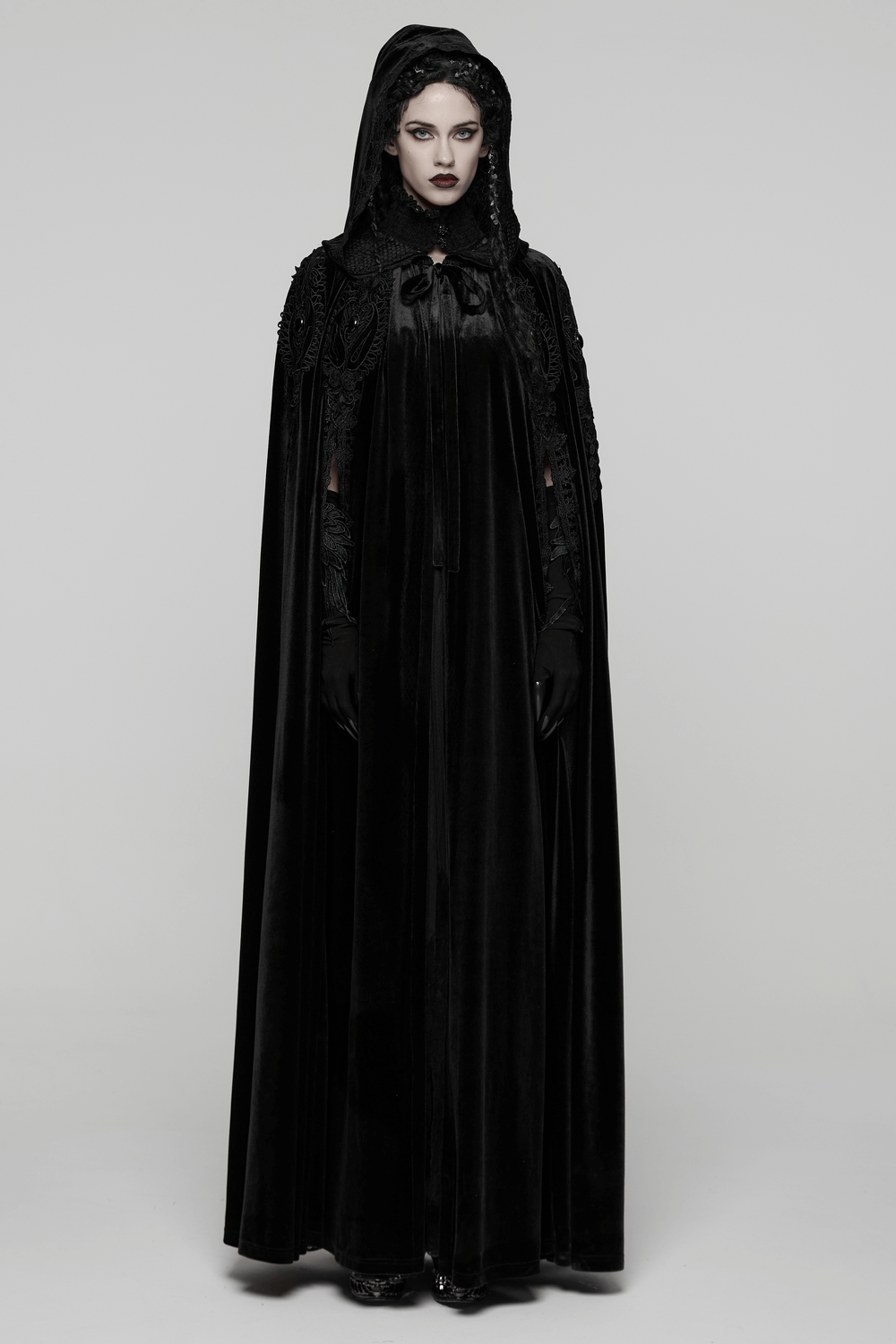 Gothic Hooded Velvet Cloak with Lace and Gem Details worn by model, showcasing luxurious velvet and intricate lace features.