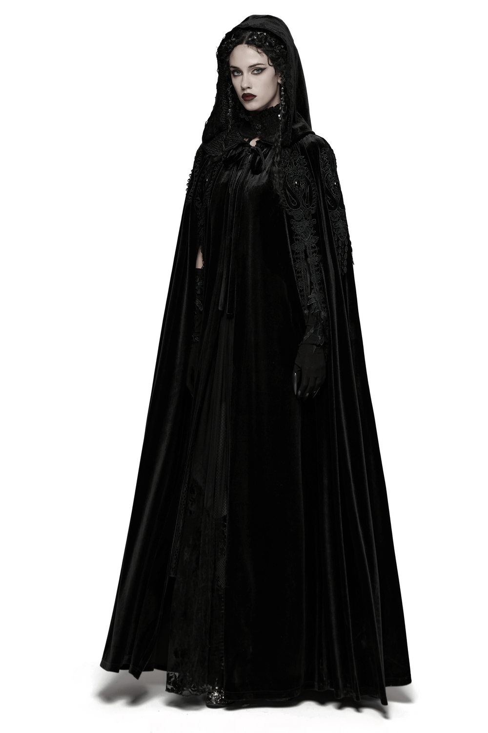 Gothic Hooded Velvet Cloak with Lace and Gem Details worn by model, featuring luxurious velvet, intricate lace, and embroidered tassels.