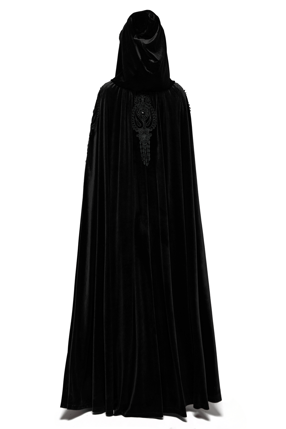 Gothic Hooded Velvet Cloak with Lace and Gem Details showcased from the back, featuring a dramatic hood and luxurious black velvet.