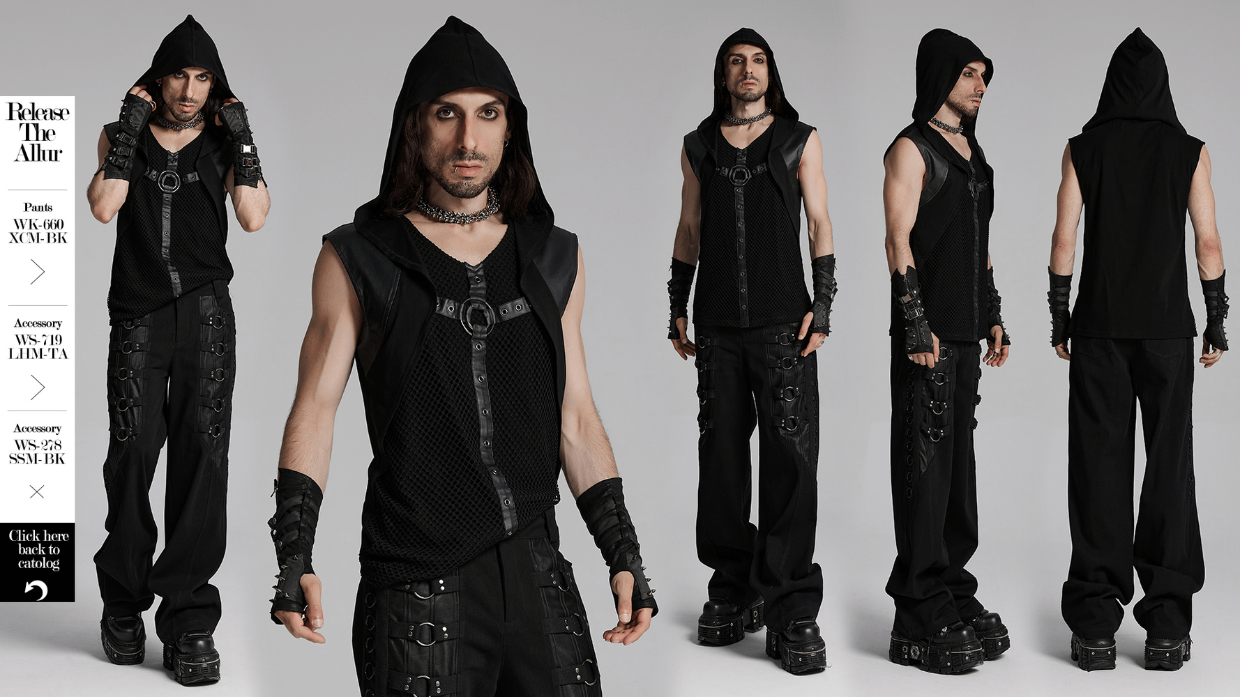 Model showcasing a gothic hooded vest with mesh details and metal accents, styled for punk aesthetics.