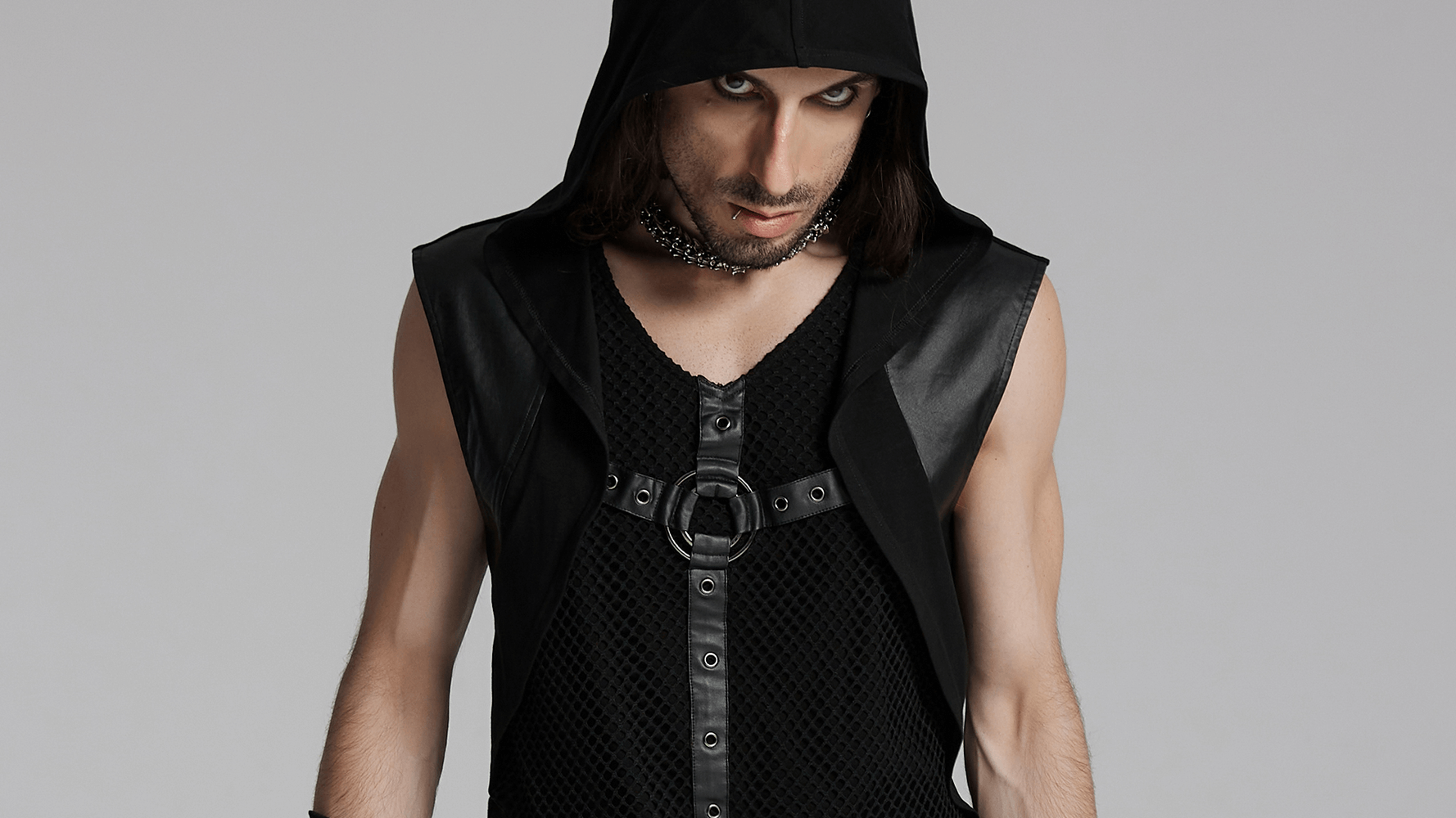 Gothic hooded vest with mesh details, metal ring accents, and edgy wide-shoulder design for punk style.