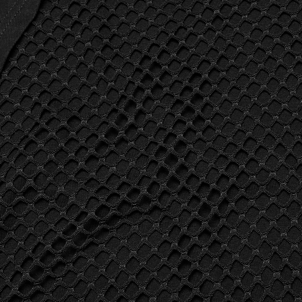 Close-up of black mesh fabric used in a gothic hooded vest, featuring a textured pattern for a punk-inspired look.