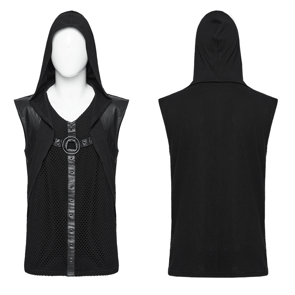 Black gothic hooded vest with mesh details and metal ring accent, featuring wide shoulders for a punk-inspired look.