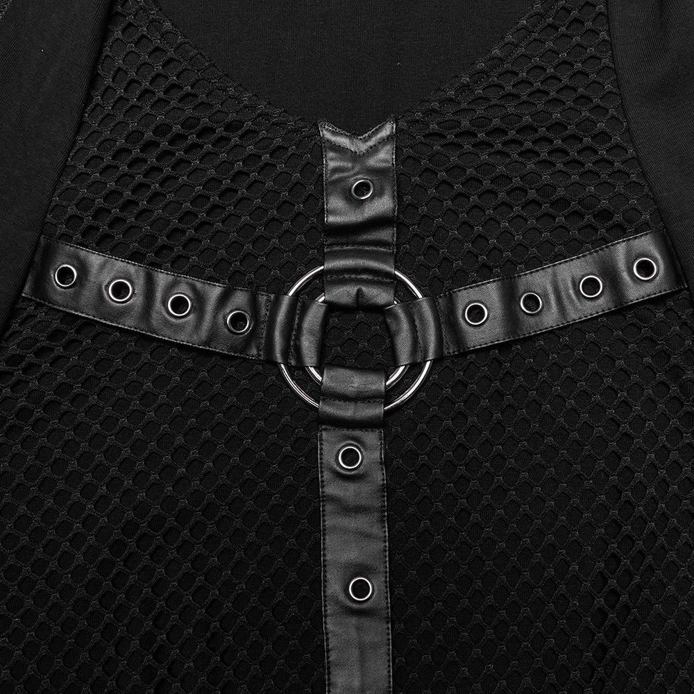 Close-up of gothic hooded vest featuring mesh details and bold metal ring accents for a punk-inspired look.