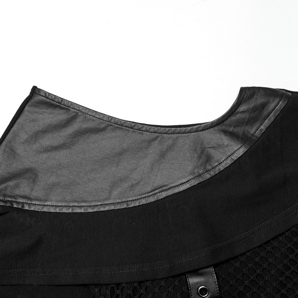 Close-up of the collar detail on a gothic hooded vest with mesh and metal accents, showcasing its unique punk style.