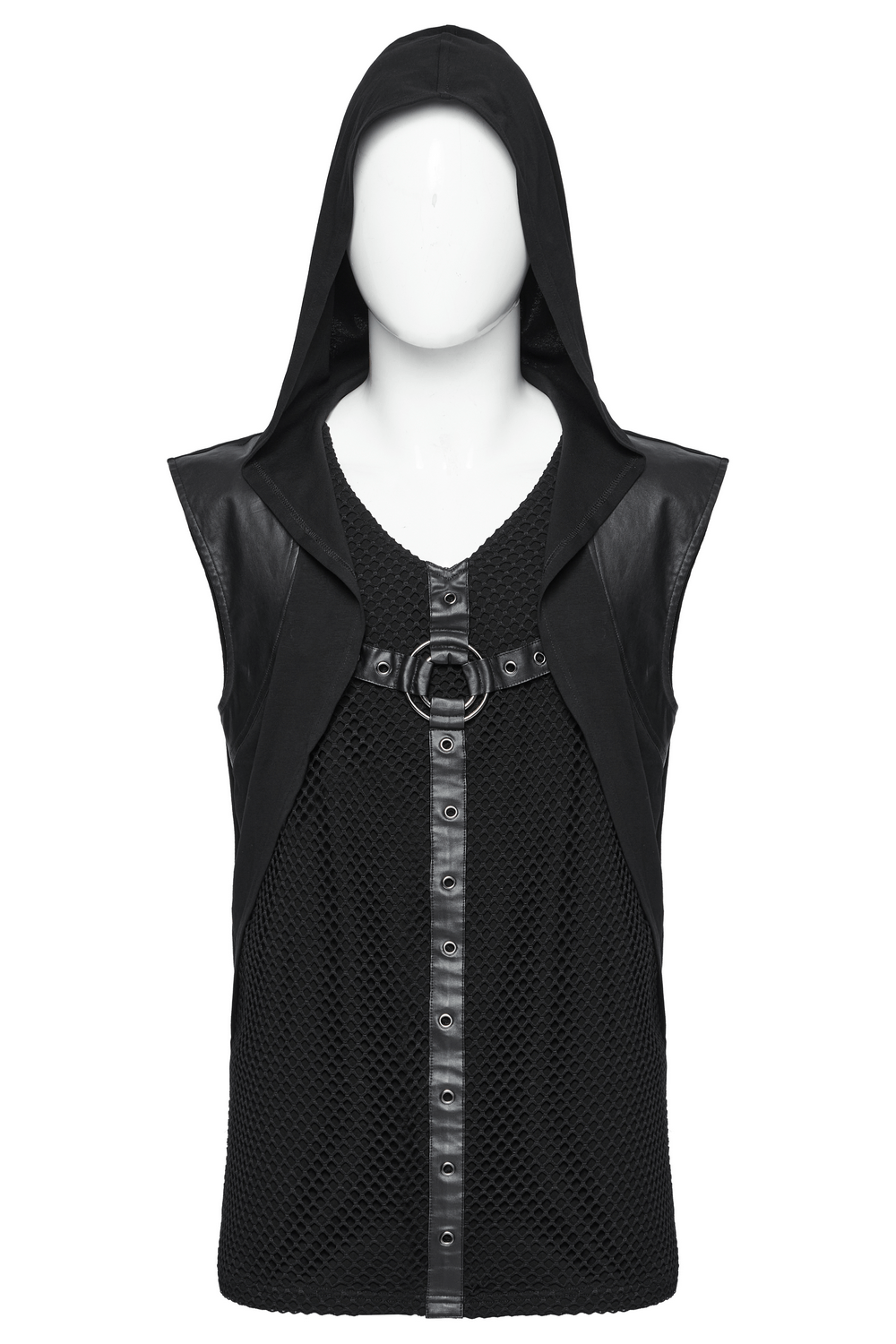 Gothic hooded vest with mesh details and metallic ring accents, perfect for punk and alternative fashion.