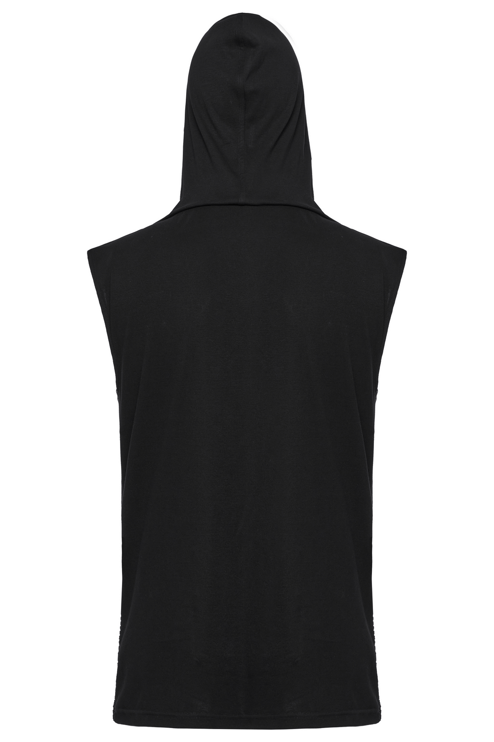 Back view of a Gothic hooded vest with mesh details and wide shoulder design, perfect for punk outfits.