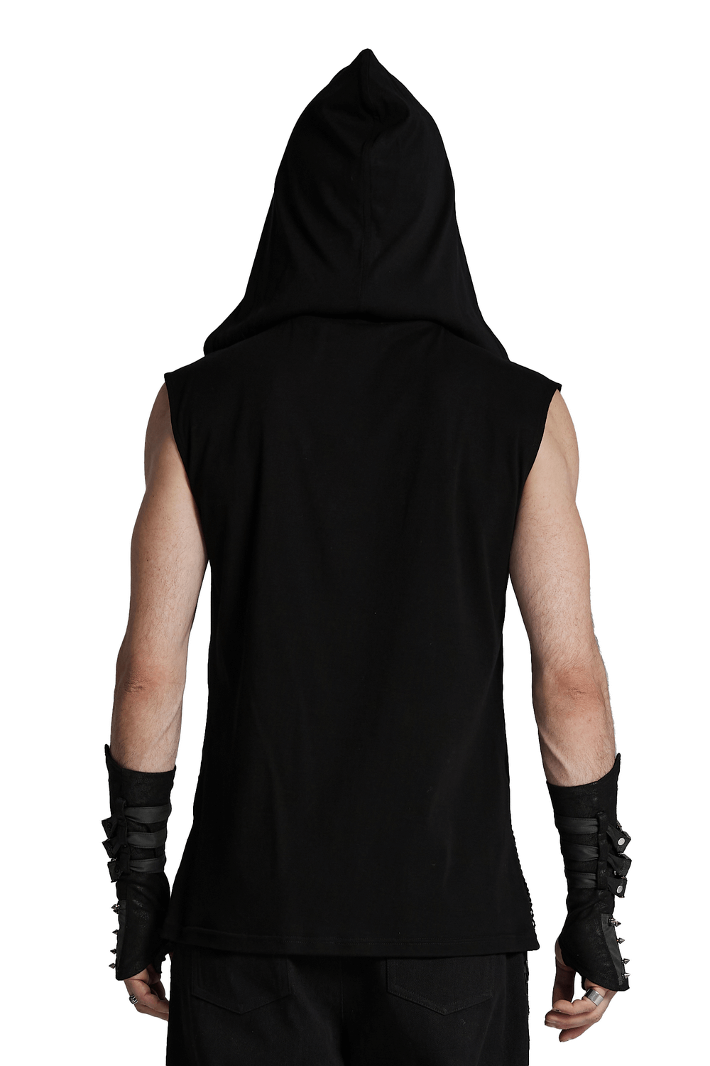 Back view of a black gothic hooded vest with wide shoulders and edgy design, showcasing a punk streetwear style.