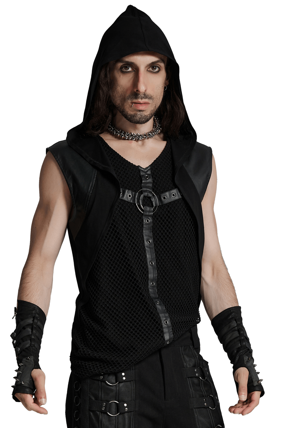 Model wearing a gothic hooded vest with mesh details and metal ring accents, showcasing a punk-inspired style.