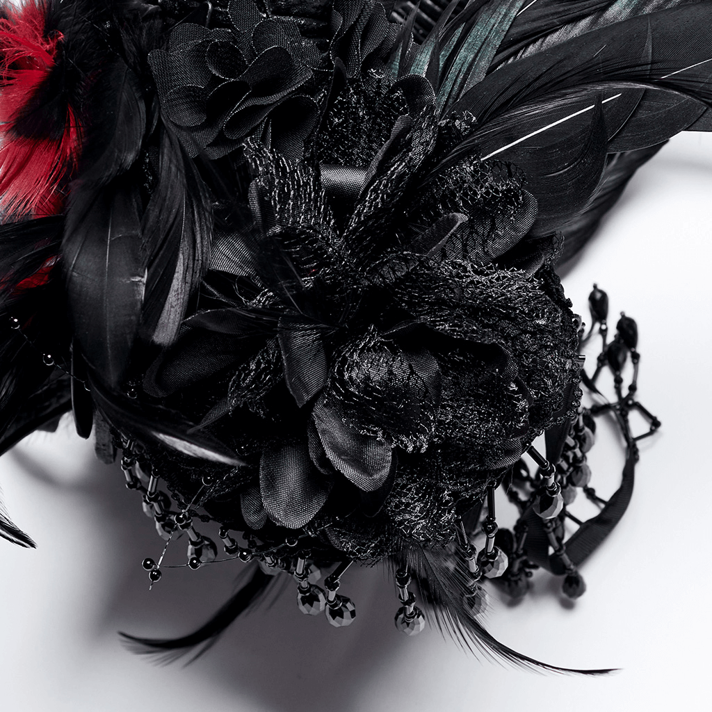 Gothic horned headpiece adorned with black flowers, feathers, and bead chains, showcasing occult elegance.