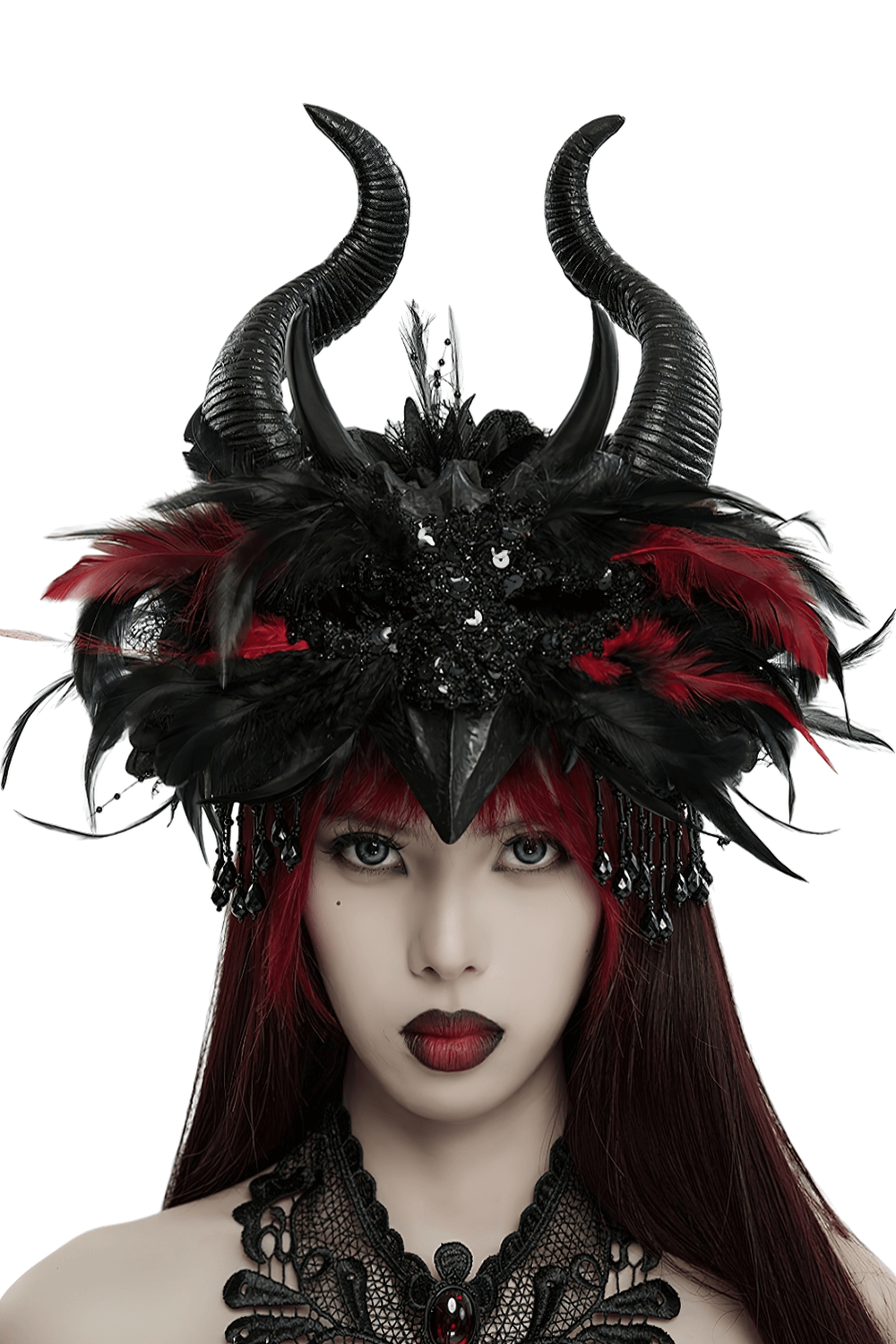 Gothic horned headpiece with demon eyes, feathers, and floral accents for a dark, occult look.