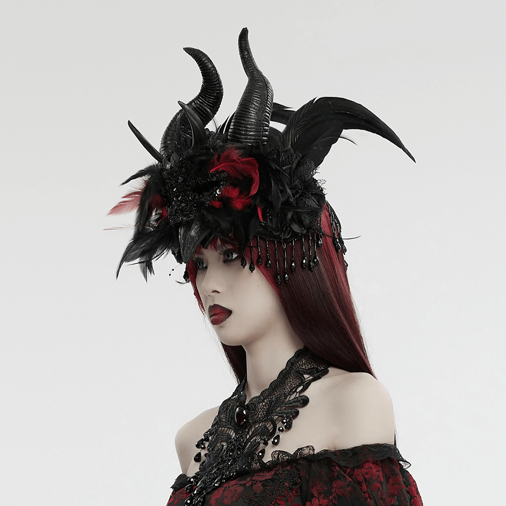 Gothic horned headpiece with demon eyes, feathers, and flowers for an occult-inspired look.